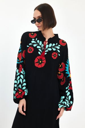 Rochie neagra A-line cu imprimeu cauciucat flori rosii , din vascoza [7]