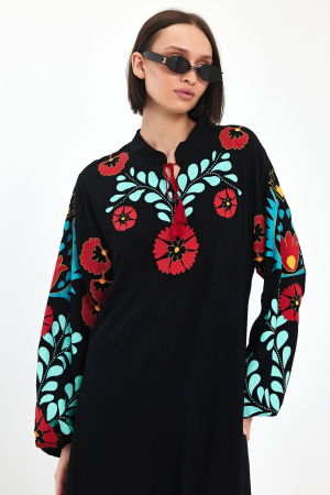 Rochie neagra A-line cu imprimeu cauciucat flori rosii , din vascoza [8]