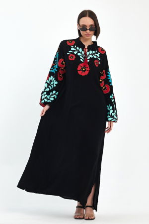 Rochie neagra A-line cu imprimeu cauciucat flori rosii , din vascoza [3]