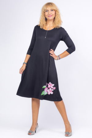 Rochie neagra `A line` midi, cu imprimeu floare picturala [1]
