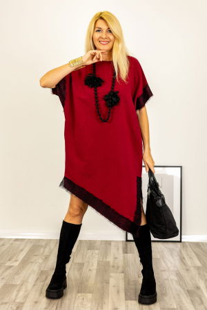 Rochii din Jerseu - Rochie bordo asimetrica midi cu dantela si maneca scurta