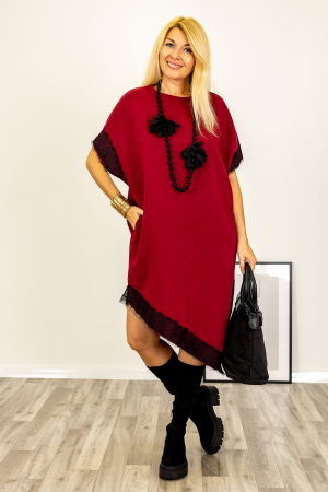 Rochie bordo asimetrica midi cu dantela si maneca scurta [3]