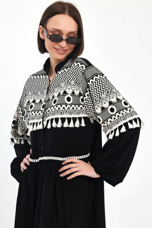 Rochie neagra cu imprimeu fin cauciucat alb si ciucurasi, din vascoza [8]