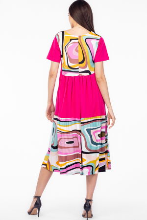 Rochie fucsia cu platca si doua volane, imprimeu dungi, din bumbac [2]