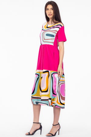 Rochie fucsia cu platca si doua volane, imprimeu dungi, din bumbac [1]