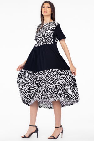 Rochie neagra cu platca si doua volane, imprimeu animal print, din bumbac [2]