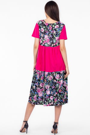 Rochie fucsia cu platca si doua volane, imprimeu trandafiri, din bumbac [2]