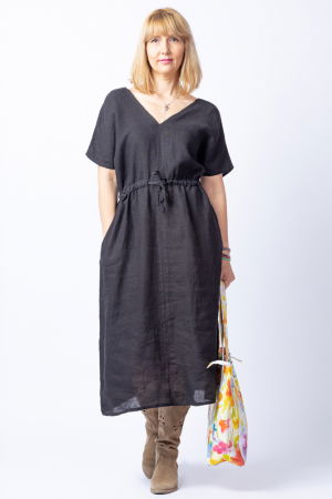 Rochii din In - Rochie neagra cu snur in talie, din in