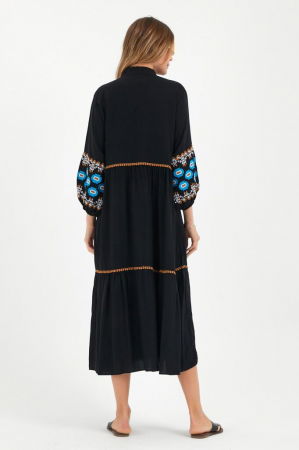 Rochie neagra cu volane si broderie pe maneci si decolteu, din vascoza [3]