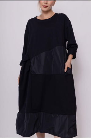 Rochii - Rochie neagra din bumbac, cu falduri laterale si tafta