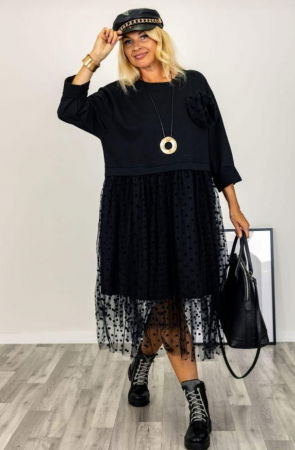 Rochii - Rochie neagra din bumbac, cu suprapunere tulle cu bulinute