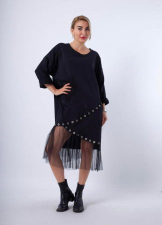 Rochii - Rochie neagra din bumbac cu volan din tulle si cercuri metalice argintii