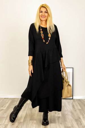 Rochie maxi asimetrica cu volane, din tricot de vascoza, neagra [3]