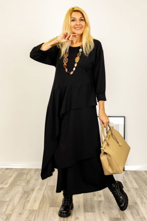 Rochie maxi asimetrica cu volane, din tricot de vascoza, neagra [4]