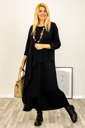 Rochii din Jerseu - Rochie maxi asimetrica cu volane, din tricot de vascoza, neagra