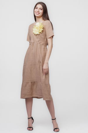 Rochii Casual - Rochie camel din in cu volane si bust petrecut