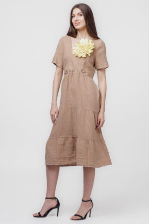 Rochie camel din in cu volane si bust petrecut [1]