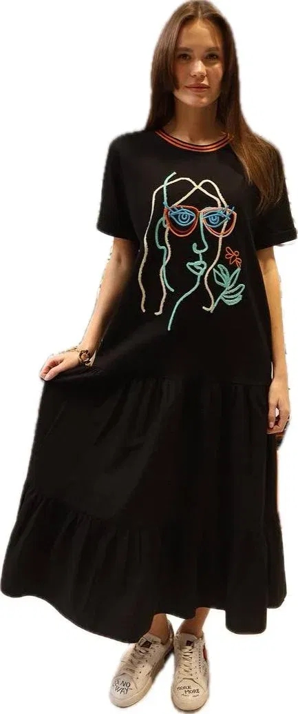 Rochie neagra din jerseu cu aplicatie grafica chip color si volan de poplin de bumbac, cu maneca scurta [1]