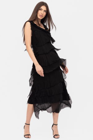 Rochii Elegante & Office - Rochie neagra din matase si vascoza cu  volane franjurate suprapuse, fara maneci