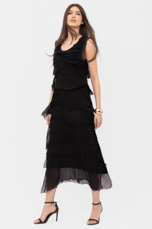 Rochie neagra din matase si vascoza cu  volane franjurate suprapuse, fara maneci [3]