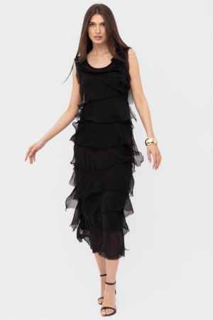 Rochie neagra din matase si vascoza cu  volane franjurate suprapuse, fara maneci [2]
