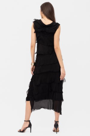 Rochie neagra din matase si vascoza cu  volane franjurate suprapuse, fara maneci [5]