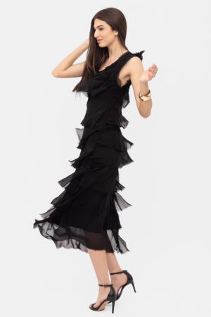Rochie neagra din matase si vascoza cu  volane franjurate suprapuse, fara maneci [4]