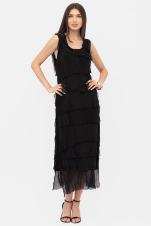 Rochie neagra din matase si vascoza cu  volane franjurate suprapuse, fara maneci [1]