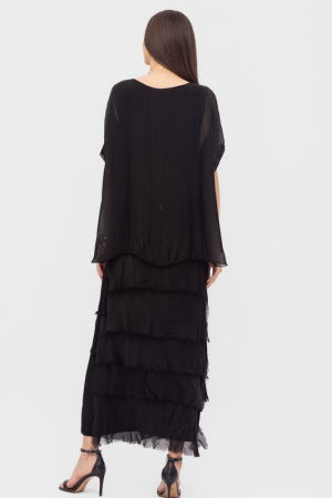 Rochie neagra din matase si vascoza cu  volane franjurate suprapuse [3]