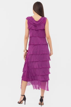 Rochie magenta din matase si vascoza cu  volane franjurate suprapuse, fara maneci [4]