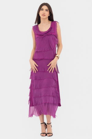 Rochie magenta din matase si vascoza cu  volane franjurate suprapuse, fara maneci [2]