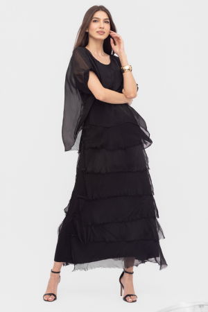 Rochii Elegante & Office - Rochie neagra din matase si vascoza cu  volane franjurate suprapuse