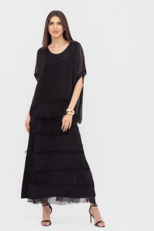 Rochie neagra din matase si vascoza cu  volane franjurate suprapuse [1]