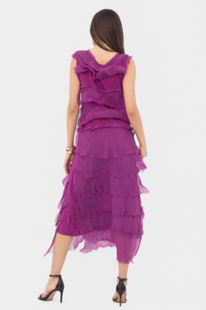 Rochie magenta din matase si vascoza cu  volane franjurate suprapuse, fara maneci [5]