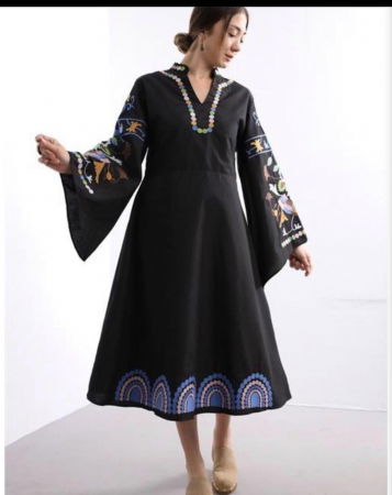 Rochii Casual - Rochie neagra din poplin de bumbac, cu maneci ample si broderie