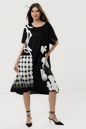 Rochii din Bumbac - Rochie A-line neagra din poplin satinat cu imprimeu grafic alb floral si geometric