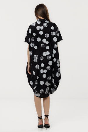 Rochie neagra tip lalea cu guler clasic, din bumbac cu imprimeu cu buline [3]