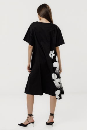 Rochie A-line neagra din poplin satinat cu imprimeu grafic alb floral si geometric [3]