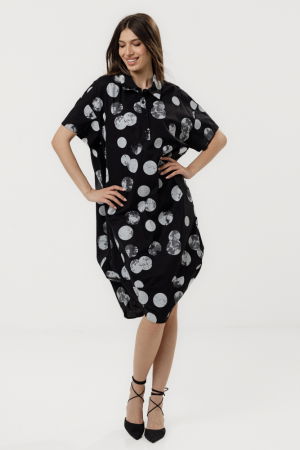 Rochii din Bumbac - Rochie neagra tip lalea cu guler clasic, din bumbac cu imprimeu cu buline