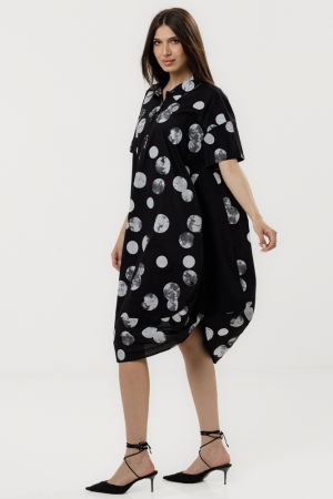 Rochie neagra tip lalea cu guler clasic, din bumbac cu imprimeu cu buline [2]