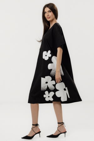 Rochie A-line neagra din poplin satinat cu imprimeu grafic alb floral si geometric [2]