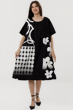 Rochie A-line neagra din poplin satinat cu imprimeu grafic alb floral si geometric [1]