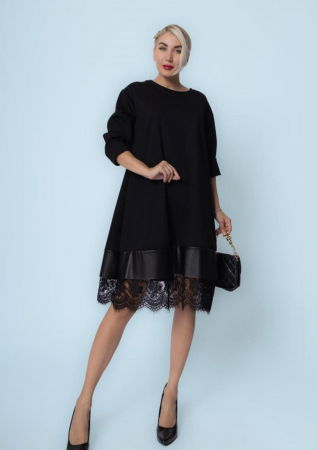 Rochii din Jerseu - Rochie neagra midi din punto milano cu volan din dantela si piele ecologica