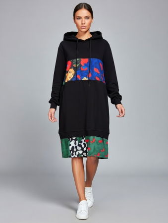 Rochii din Jerseu - Rochie neagra, din tricot de bumbac cu insertii color, stransa la baza