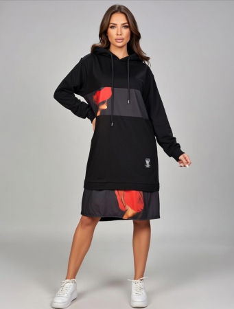 Rochii din Jerseu - Rochie neagra, din tricot de bumbac cu insertii imprimate cu rosu , stransa la baza