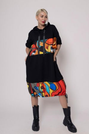 Rochii din Jerseu - Rochie neagra, din tricot de bumbac cu insertii color, stransa la baza