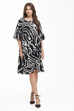 Rochie midi neagra din vascoza fluida cu dungi ondulate albe si volane [1]