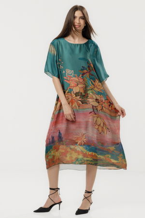 Rochii - Rochie turcoaz eleganta satinata A-line cu croiala lejera si imprimeu floral in tonuri de roz-oranj