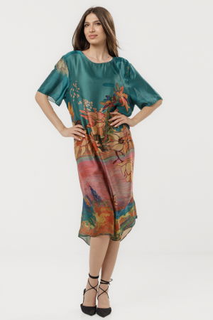 Rochie turcoaz eleganta satinata A-line cu croiala lejera si imprimeu floral in tonuri de roz-oranj [1]