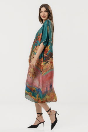 Rochie turcoaz eleganta satinata A-line cu croiala lejera si imprimeu floral in tonuri de roz-oranj [2]